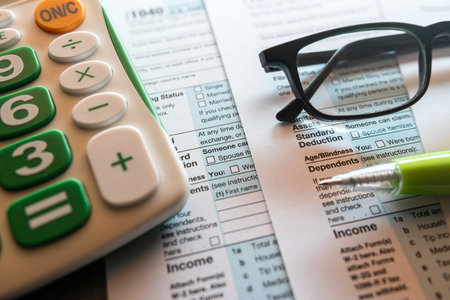 Tax forms, calculator nad pen on office desk paying the tax rate. Business and tax conceptの写真素材