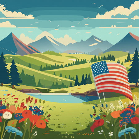 4th of July USA Independence Day. National flag of USA. Summer landcape Vector illustration aのイラスト素材