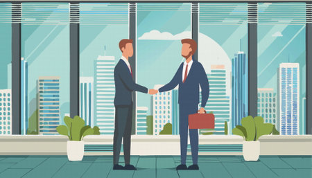 characters two businessmen shaking hands at office near window. Template for banner or infographics. Vector illustration.のイラスト素材
