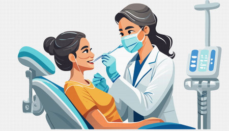 woman at a dentist's appointment in a dental office.  The concept of dentistry and healthcare. Vector illustrationのイラスト素材
