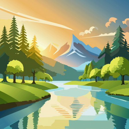 Summer nature landscape with lake and forest, sunset in the mountains above the lake. Vector illustrationのイラスト素材