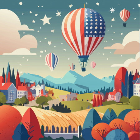 summer landscape house with national flag of USA. 4 July independence day Vector illustrationのイラスト素材
