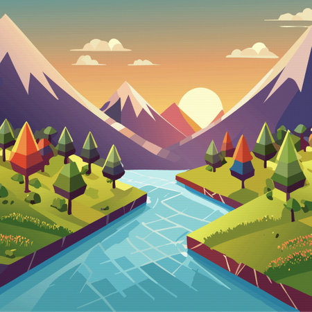 summer landscape river in a landscape with mountains and trees. Landscape with sunset , Vector illustrationのイラスト素材