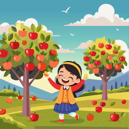 Girl farmer stand near apple tree. Concept of harvest apple and feel happy Illustration  vectorのイラスト素材