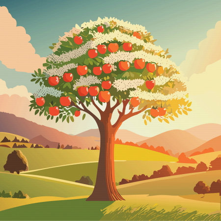 Summer landscape background with apple tree with red apple fruit. Vector illustration 10eps aのイラスト素材