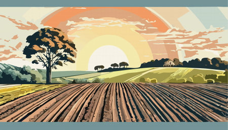 Countryside rural landscape with hills and fields, tree and sun. Village in the summer sunny day....
