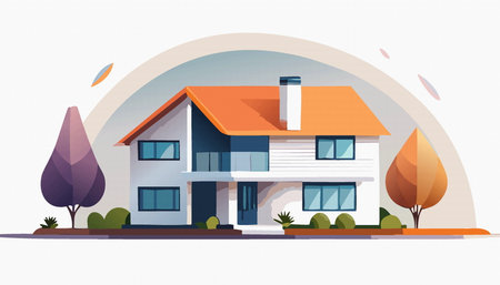 Cartoon two storey family house isolated on white. Real estate with doors windows. Vector illustrationのイラスト素材