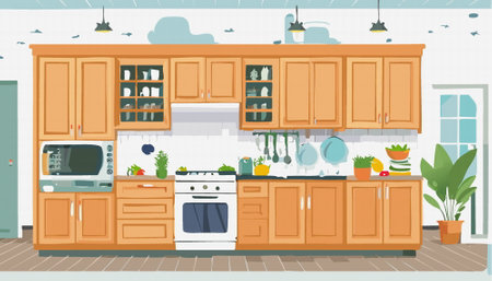 home modern kitchen interior with furniture  cooking appliances fridge Vector illustrationのイラスト素材