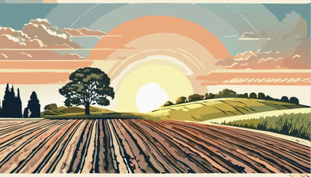 Countryside rural landscape with hills and fields, tree and sun. Village in the summer sunny day. Vector illustrationのイラスト素材