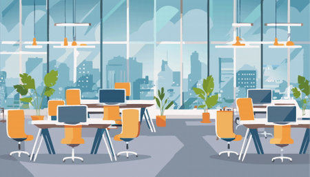Empty no people modern office interior with furniture, pc laptop. Business coworking area. Vector illustrationのイラスト素材