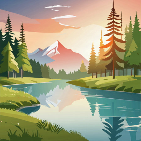 Forest lake and mountain on background with sunset. Nature landscape, Vector illustration 10epsのイラスト素材