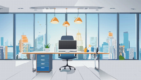 Empty no people modern office interior with furniture, pc laptop. Business coworking area. Vector illustrationのイラスト素材