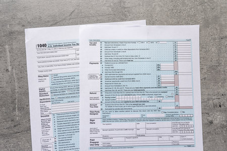 Close up of blank income tax forms 1040, deadlineの写真素材