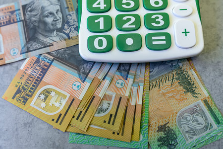 AUD Australian money with calculator, saving investment conceptの写真素材
