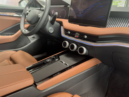 close-up inside view of luxury car. Inrerier modern auto aの写真素材