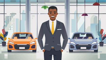 car salesman stand near new modern auto, inside a dealership showroom. Vector illustrationのイラスト素材