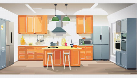 kitchen room dining table, with fridge. Interior background. Vector illustration aのイラスト素材