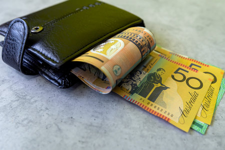 full black male wallet of aud australian dollar money. Saving economy concept