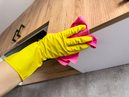 woman wear yellow gloves from a professional cleaning company cleans washes the kitchen furnitureの写真素材