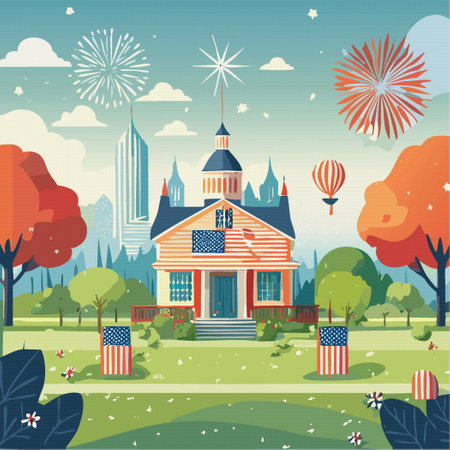 summer landscape house with national flag of USA. 4 July independence day Vector illustrationのイラスト素材