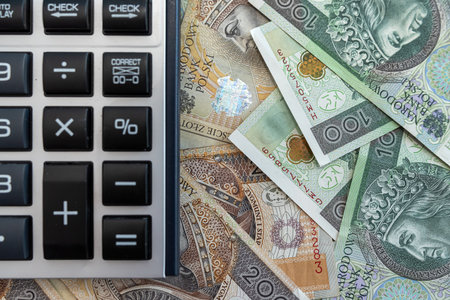 Polish zloty banknotes, calculator. Money concept, finance and rich aの写真素材