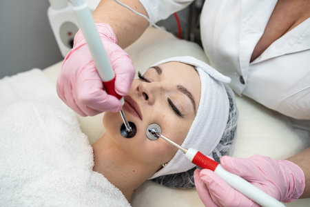 Cosmetologist doing microcurrent treatment procedure for her female client at beauty clinic. Concept of rejuvenation wellness stimulating procedure, skincareの写真素材