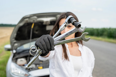 young woman chauffeur holds a wrench and dreams of repairing the car on the road. Service auto at journeyの写真素材