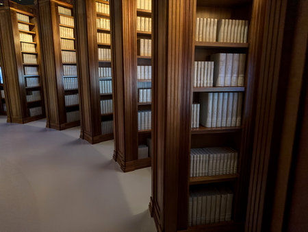 Bookshelves in the library, education background. Cozy book backdrobの写真素材