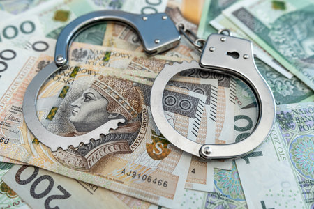 Handcuffs with zloty pln polish money on desk. Economic crime concept