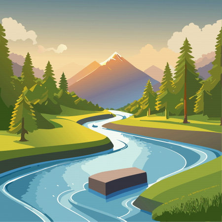 Summer nature landscape with lake and forest, sunset in the mountains above the lake. Vector illustrationのイラスト素材
