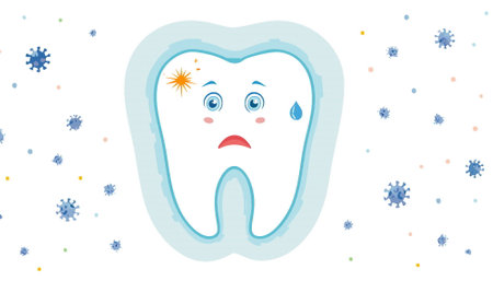 cartoon unhappy tooth with caries bacteria. Dental cavity problem, healthcare concept. vector Illustrationのイラスト素材
