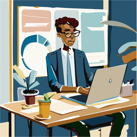 Vector character business man looking at laptop, writing notes work at 
office.  Flat illustrationのイラスト素材