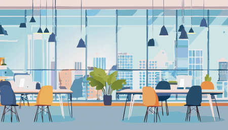 modern office interior with workplace table panoramic window, empty coworking area. Vector background illustrationのイラスト素材