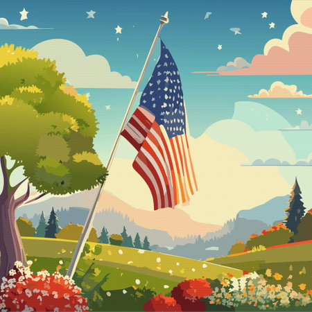 4th of July USA Independence Day at nature background with flag of USA mountain Vector illustration aのイラスト素材