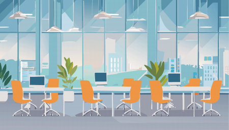Office interior. Empty conference room or modern office workplace with desk laptop computer. Vector illustrationのイラスト素材
