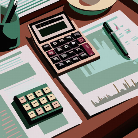 clipboard with financial reports, calculator pen on office table. Vector, image of businessのイラスト素材