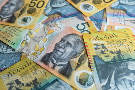 Aussie 50 100 Australian Money currency finance background. AUD dollar banknote
