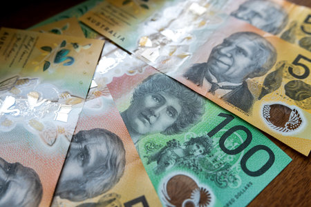 Aussie 50 100 Australian Money currency finance background. AUD dollar banknoteの写真素材