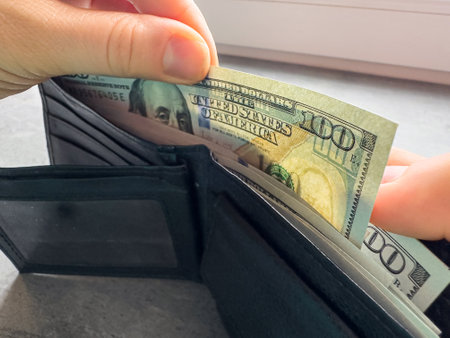 close up female hand takes out dollars from wallet. Saving or purchase concept. USDの写真素材