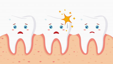 cute cartoon tooth, problem  with bacteria, caries concept, unhealth. Oral hygiene concept. Vector Illustrationのイラスト素材