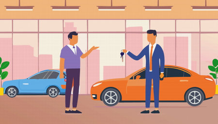 salesman and client conclude a successful agreement on the purchase of a new car in showroomのイラスト素材