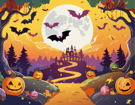 A Halloween scene with smiling pumpkins, flying bats, and a haunted house under a full moon in the night skyのイラスト素材