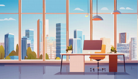 Empty no people modern office interior with furniture, pc laptop. Business coworking area. Vector illustrationのイラスト素材