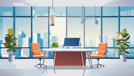 Office interior. Empty conference room or modern office workplace with desk laptop computer. Vector illustrationのイラスト素材