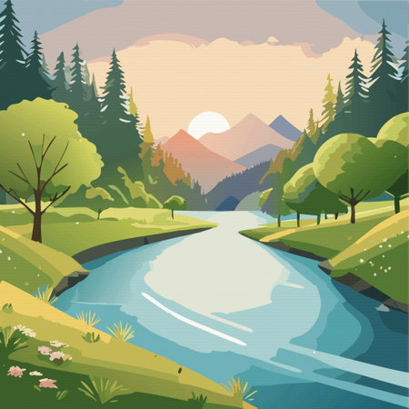 Forest lake and mountain on background with sunset. Nature landscape, Vector illustration 10epsのイラスト素材