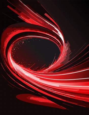 An artistic representation featuring a vibrant red swirl placed against a deep black background, dotted with various contrasting elementsのイラスト素材