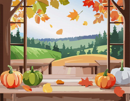 A cozy autumn scene featuring vibrant pumpkins, a charming table, and an array of colorful fall foliage all around Vector illustrationのイラスト素材