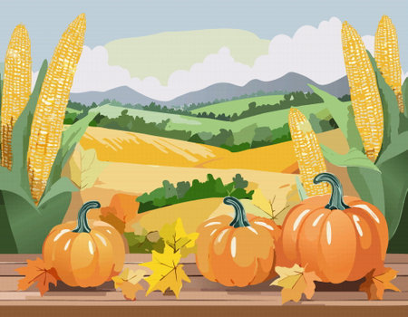 A truly serene autumn scene that features vibrant pumpkins and colorful leaves against a rolling landscape illustration Vectorのイラスト素材