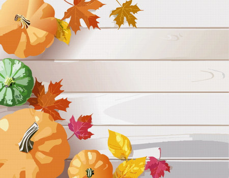 Happy Thanksgiving Background with autumn pumpkin vegetables and colorful leaves on wooden desk. Vector illustrationのイラスト素材