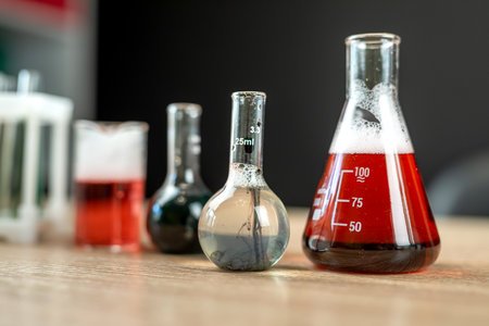 Glass laboratory flask and beaker with liquids for analys or experiment in desk. Chemical experimentsの写真素材